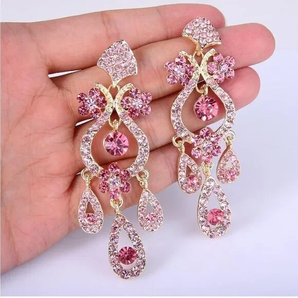 Yellow Gold with Pink Sapphire Austrian Crystal Flower Vase Chandelier Earrings